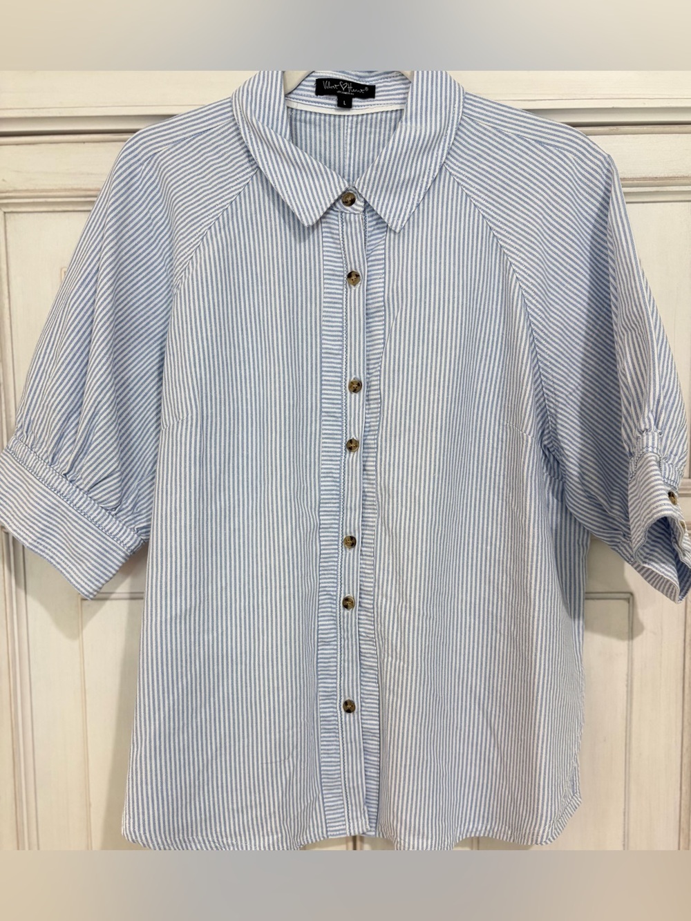 NWOT SZ L Velvet Heart Light Blue and White Striped Button-Down Shirt